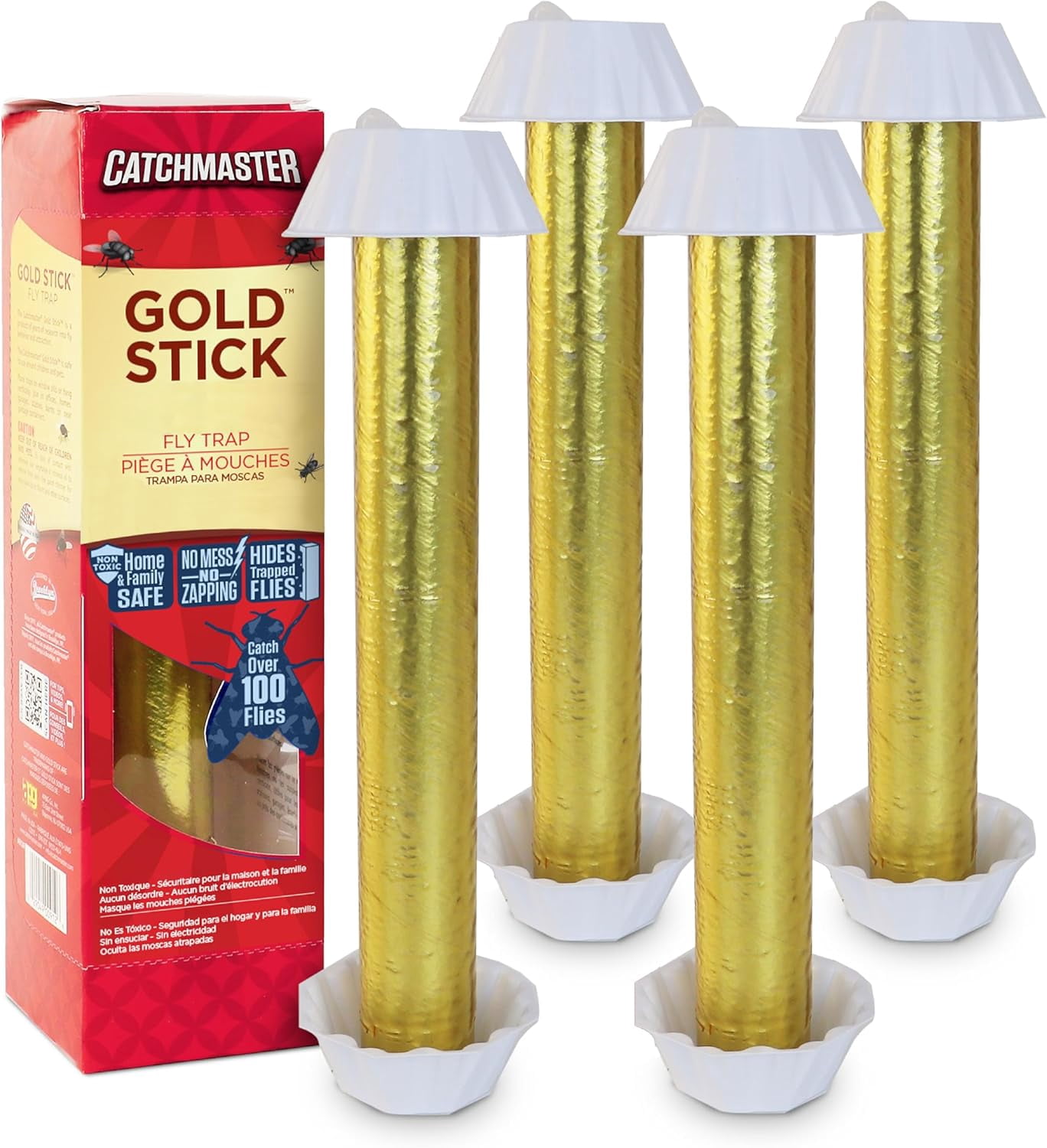 Gold Stick Fly Trap 4-Pk, Bug & Fruit Fly Traps for Indoors & Outdoors, Premium Adhesive Mosquito, Gnat, & Bug Catcher, Insect Killer, Pet Safe, Bulk Pest Control for Home