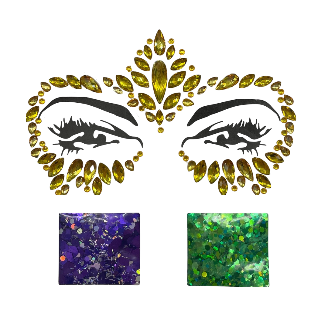 Gold Stick on Face Gems with Purple and Green Face and Body Glitter