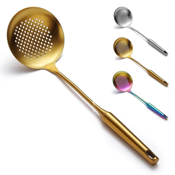 Gold Strainer Skimmer, Ksopiavobs Heavy Duty Golden Stainless Steel Heavy Duty Sturdy Kitchen Skimmer, Slotted Spoon, With Comfort Handle and Hanging Holes, Easy to Store and Dishwasher Safe
