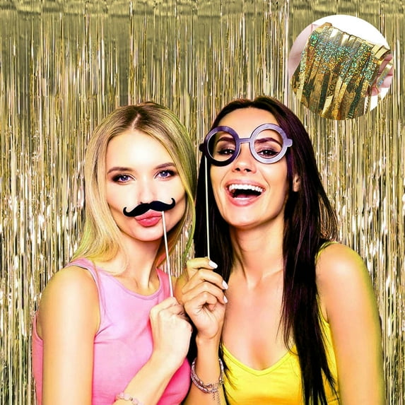 Gold Streamers Shiny Holographic Foil Fringe Curtain Sparkly Rain Curtain Metallic Tinsel Backdrop for Wedding Birthday Bachelorette Party Photo Booth Decorations 1Pcs