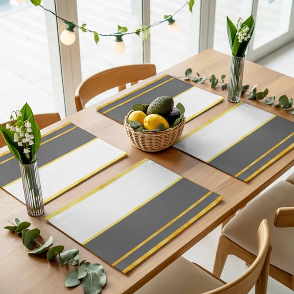 Gold Stripe Border Gray White Square Placemats Set of 4,Wipeable Washable Table Mats for Dining Tables, Modern Abstract Art Place Mats for Kitchen Event Party Tabletop Decor