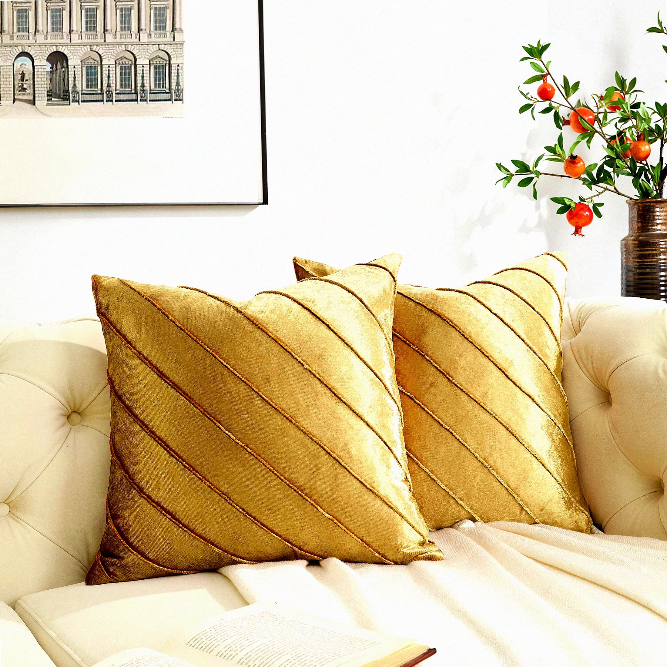 Luxurious Gold Velvet 18x18 Decorative Pillow Covers, Set of 2