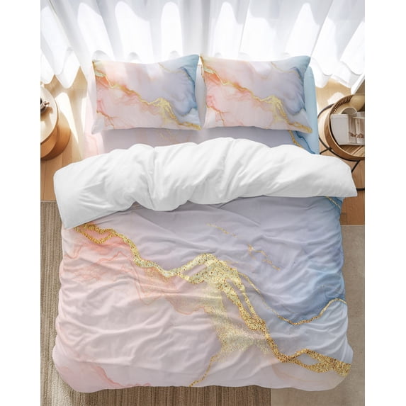 Gold Striped Bedding Duvet Cover Set Full Size 4 Pieces Marble Blue Pink Gradient Stripes Bedding Set with Zipper Closure, 1 Comforter Cover 86x90 Inches 1 Flat Sheet & 2 Pillow Cases