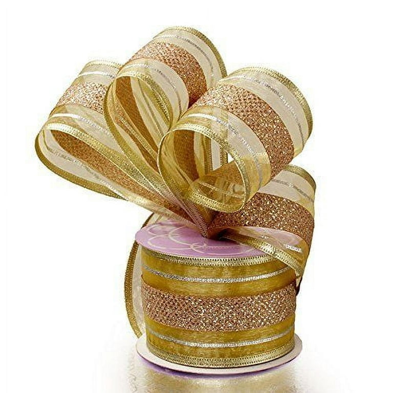 Gold Striped Christmas Wired Ribbon - 2 1/2 x 10 Yards, Mardi Gras,  Wedding, Gift Wrapping, Fall, Wreath, Anniversary, Reception 