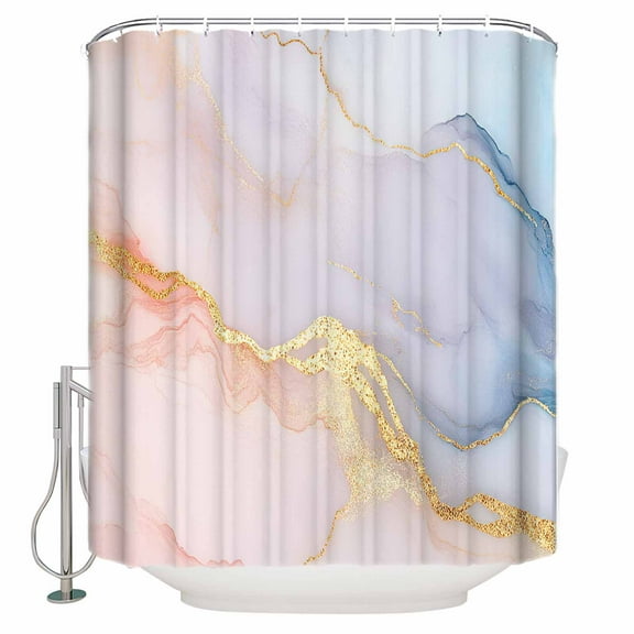 Gold Striped Shower Curtain, 72" x 72", Marble Blue Pink Gradient Stripes Waterproof Bathroom Curtain Washable Shower Curtain Set with 12 Hooks