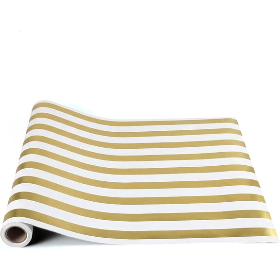 Gold Striped Table Runner Roll - 25' Long X 16" Wide Disposable Paper Cabana Striped Table Runner for Birthday Wedding Carnival Christmas Party Kitchen Dining Tabletop Decoration