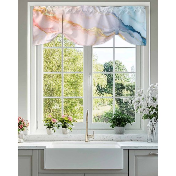 Gold Striped Tie Up Valances Curtain, Adjustable Kitchen Marble Blue Pink Gradient Stripes Valances for Windows Decor, Rod Pocket Short Curtains Set for Bedroom/Bathroom, 42"x12"