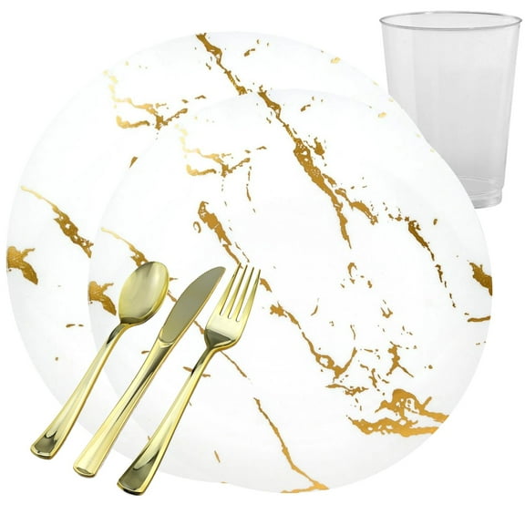 Gold Stroke White Dinner Plates Tableware Package (20 Serving)