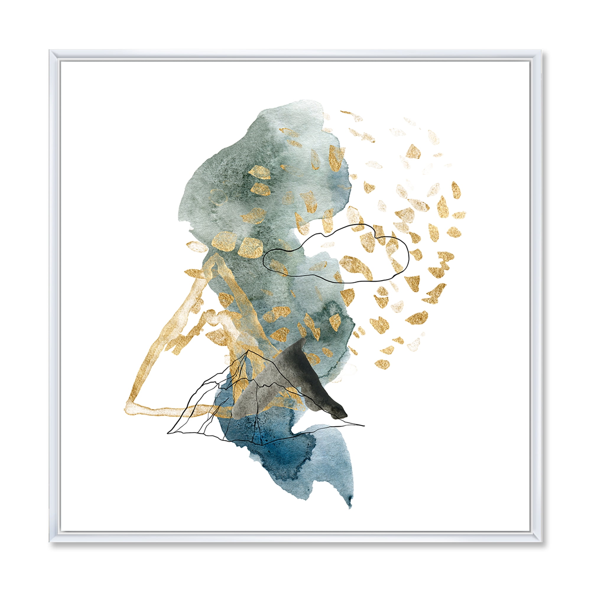 Gold Strokes and Landscape of Dark Blue Mountains I 16 in x 16 in Framed Painting Canvas Art Print, by Designart