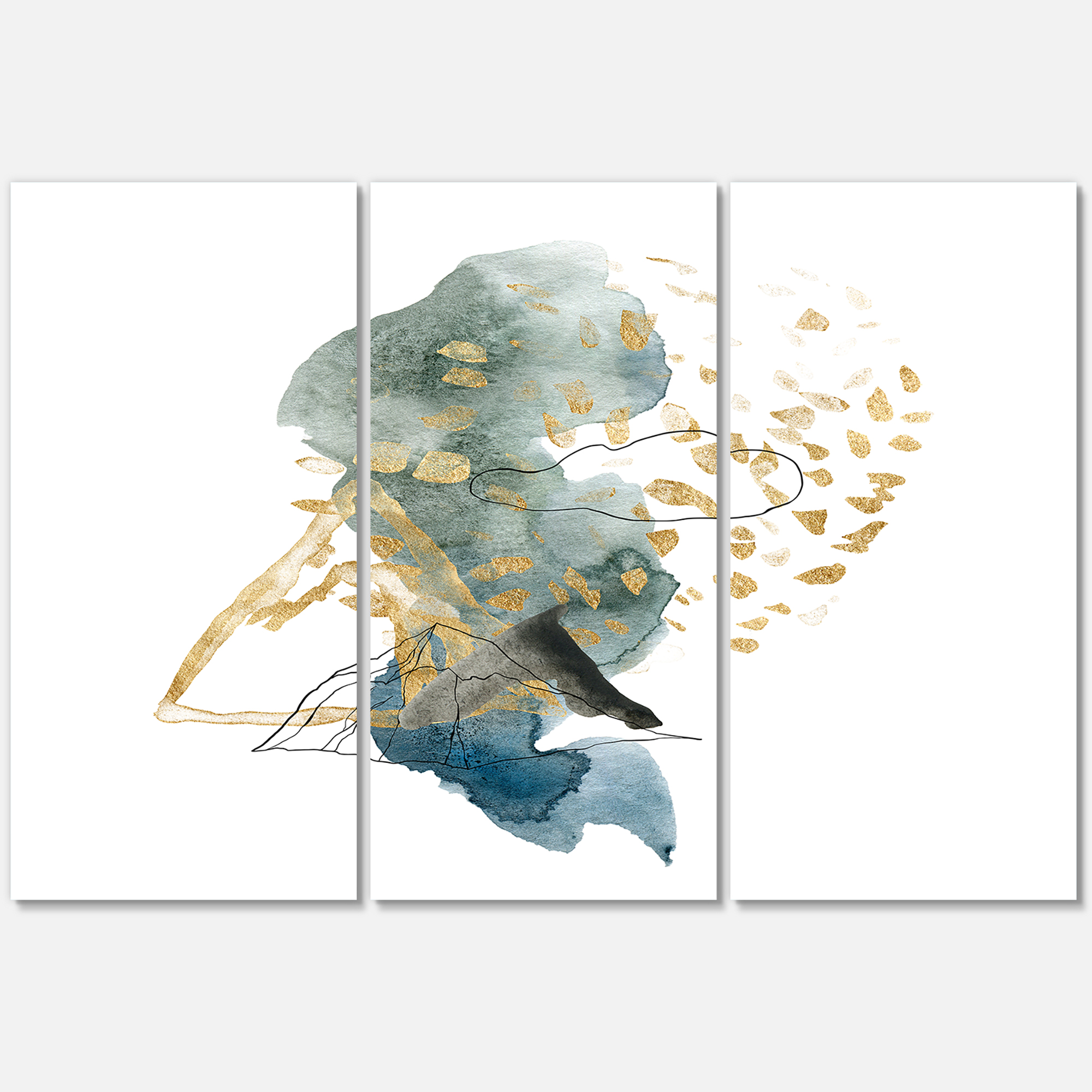 Gold Strokes and Landscape of Dark Blue Mountains I 28 in x 36 in Painting Canvas Art Print, by Designart