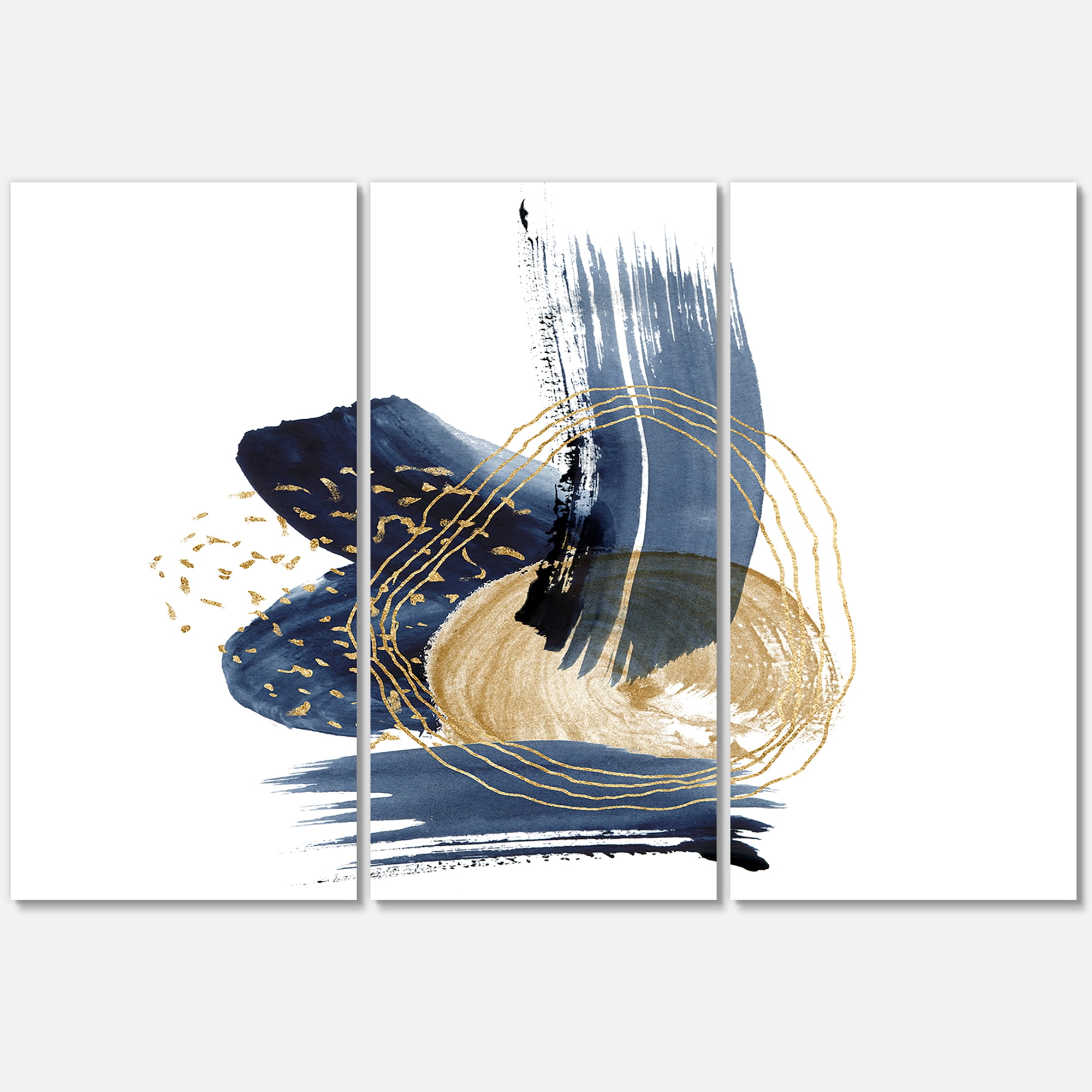 Gold Strokes and Landscape of Dark Blue Mountains II 28 in x 36 in Painting Canvas Art Print, by Designart