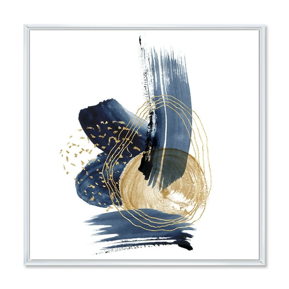 Gold Strokes and Landscape of Dark Blue Mountains II 30 in x 30 in Framed Painting Canvas Art Print, by Designart