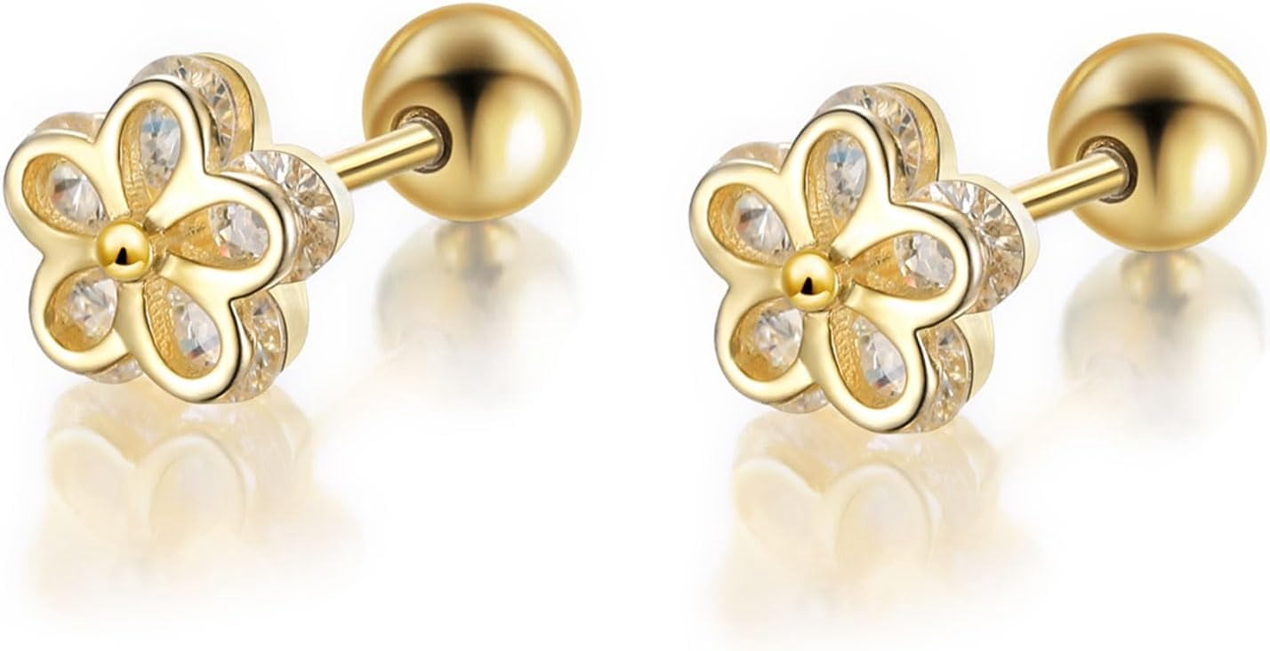 Gold Stud Earrings 925 Sterling Silver 18K Gold Plated Cubic Zirconia Screw Back Cute Hypoallergenic for Women Jewelry Gift Mother's Day