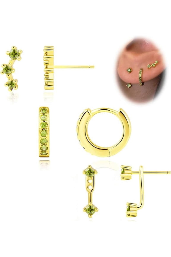 Gold Stud Earrings Set For Women, 3 Pairs Huggie Hoop Jacket Studs Earring Stack For Multiple Piercing, Hypoallergenic 925 Sterling Silver Post Dainty Birthstone Trendy Jewelry Gifts[Z237]