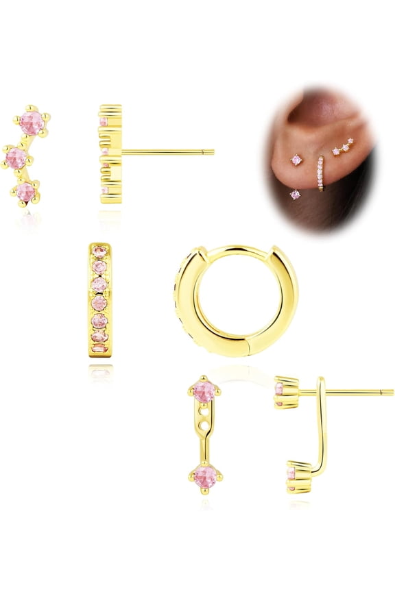 Gold Stud Earrings Set For Women, 3 Pairs Huggie Hoop Jacket Studs Earring Stack For Multiple Piercing, Hypoallergenic 925 Sterling Silver Post Dainty Birthstone Trendy Jewelry Gifts[Z240]