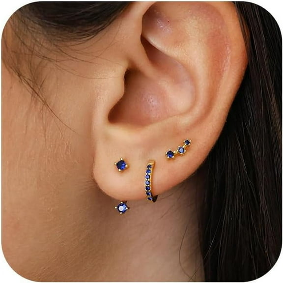 Gold Stud Earrings Set For Women, 3 Pairs Huggie Hoop Jacket Studs Earring Stack For Multiple Piercing, Hypoallergenic 925 Sterling Silver Post Dainty Birthstone Trendy Jewelry Gifts[Z242]