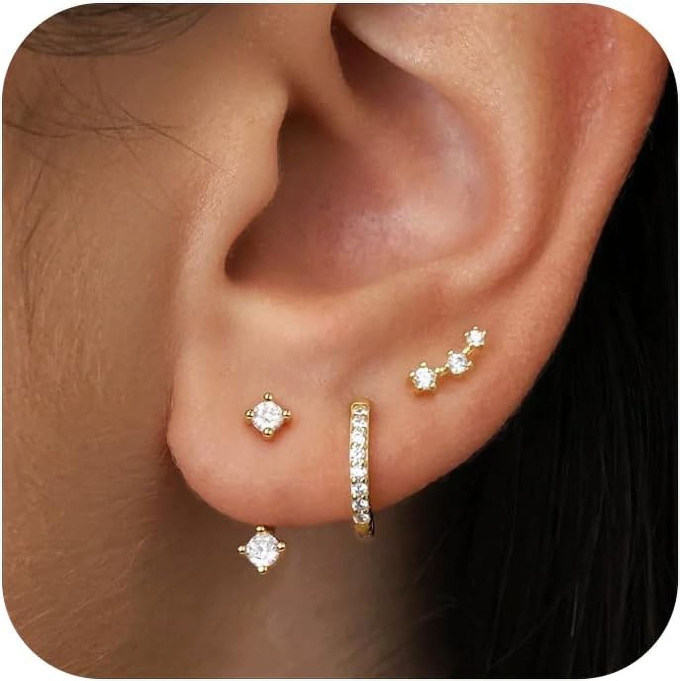 3-Pair Gold Stud Earrings Set For Women - Huggie Hoops, Jacket Studs, & Dainty Stack Earrings (Zircon) - View #10