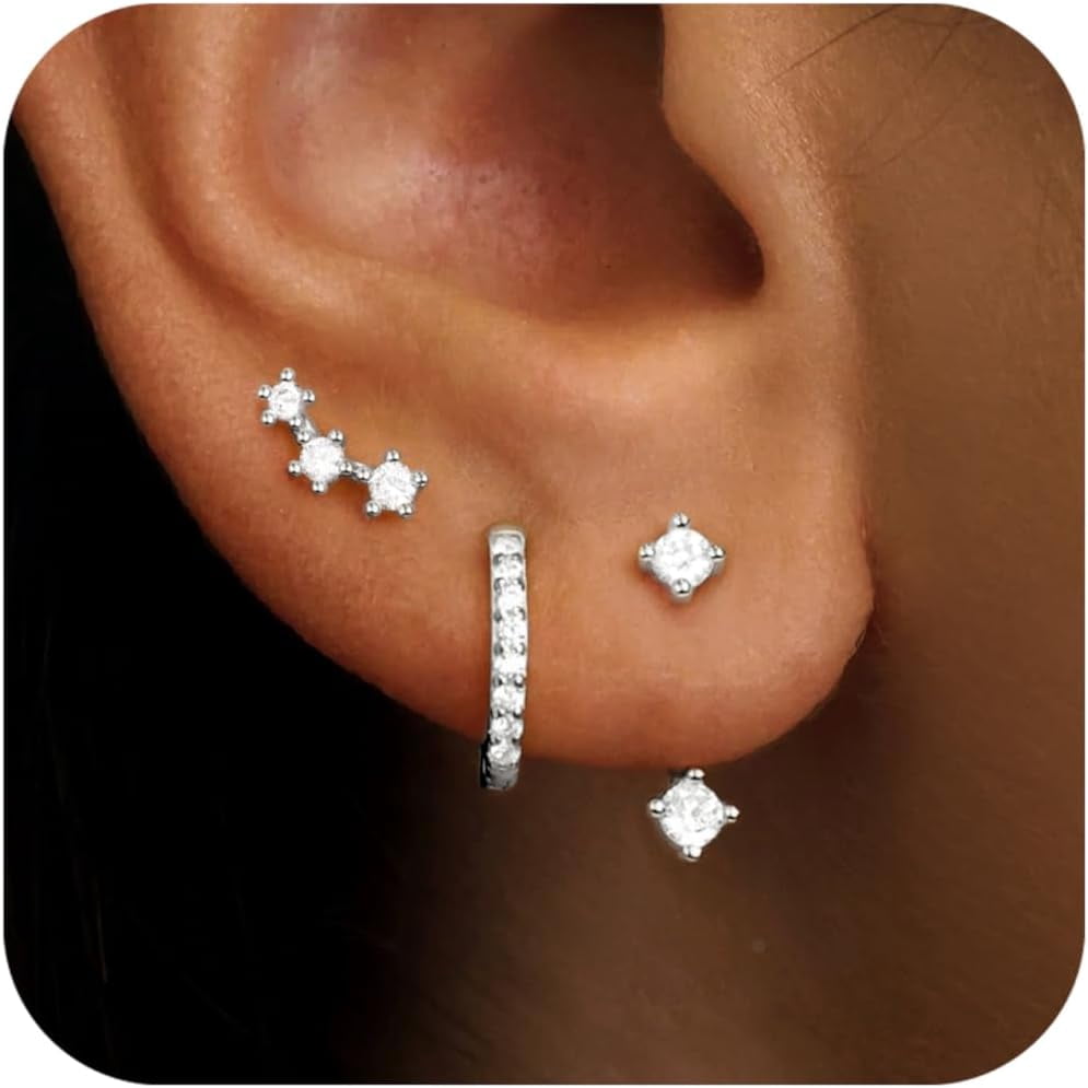 3-Pair Gold Stud Earrings Set For Women - Huggie Hoops, Jacket Studs, & Dainty Stack Earrings (Zircon) - View #7