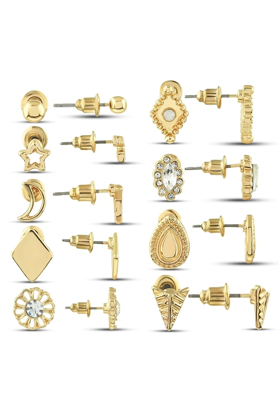 Gold Stud Earrings Set of 9 Pairs with Cubic Zirconia Crystals - 14K Gold Plated CZ Earrings, Vintage Earrings, Dainty Minimalist Earrings for Women