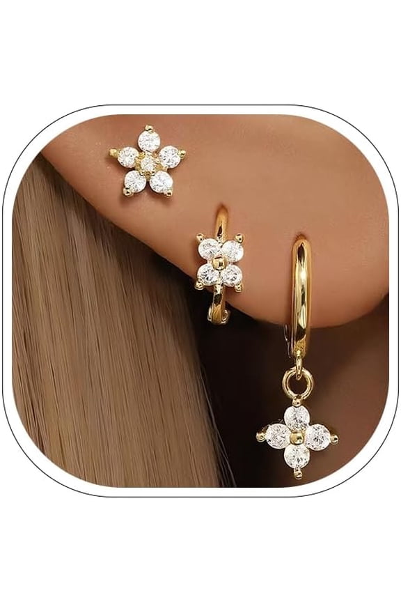 Gold Stud Hoop Earrings Set for Women, 3 Pairs Copper Stud Hoop Earring 18K Gold Plated Hypoallergenic Cartilage Earrings for Multiple Piercings Huggie Hoops with Cubic Zirconia