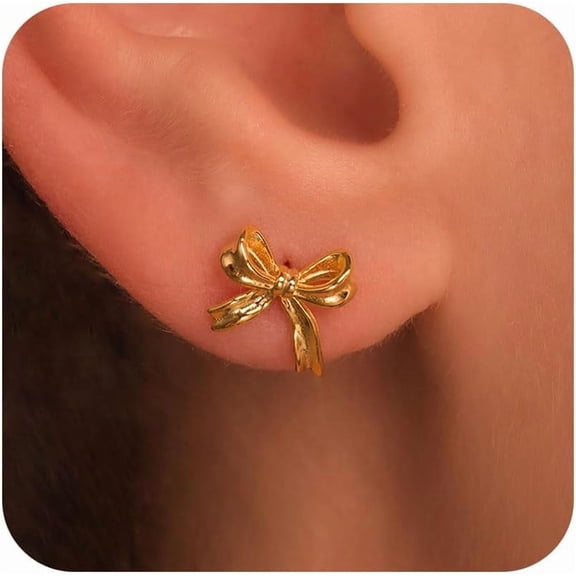 Gold Studs Earrings for Women - 14K Gold Plated Bow Stud Earrings for Women Small Ribbon Stud Earrings Coquette Bow Earrings for Women Trendy Jewelry