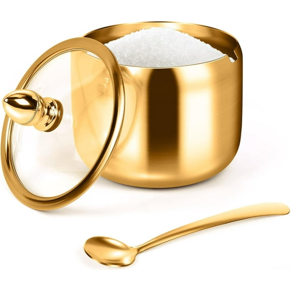 Gold Sugar Container with Glass Lid and Spoon 10oz