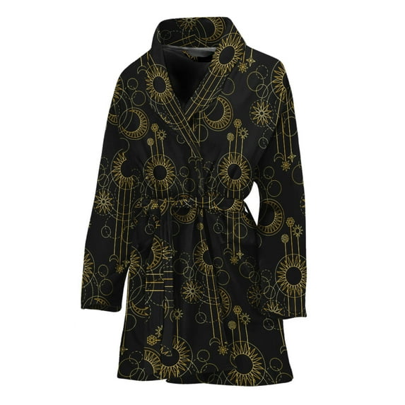 Gold Sun And Moon Pattern Women Bathrobe One Size Univeral Fits, Sun Light Sunny Fashion Lightweight Plush Fleece Long Robe For Women