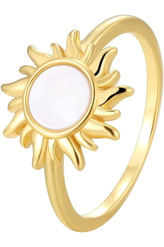 Gold Sun Celestial Statement Band Ring for Women Gold Plated Dainty Cute Round Shell Pearl Stackable Finger Rings Comfort Fit Fashion Birthday Holiday Jewelry Gift