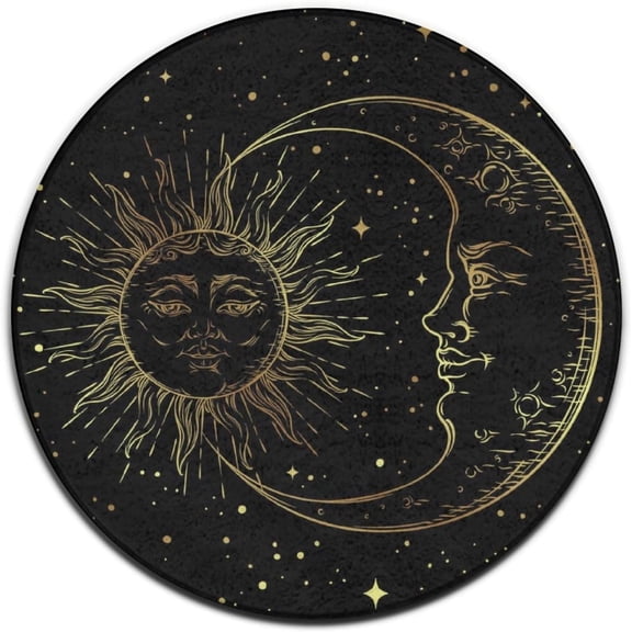 Gold Sun Crescent Moon Round Area Rug, celestial circle carpet for bedroom, meditation corner or nursery, soft washable non-slip floor mat, boho astrology home décor accent