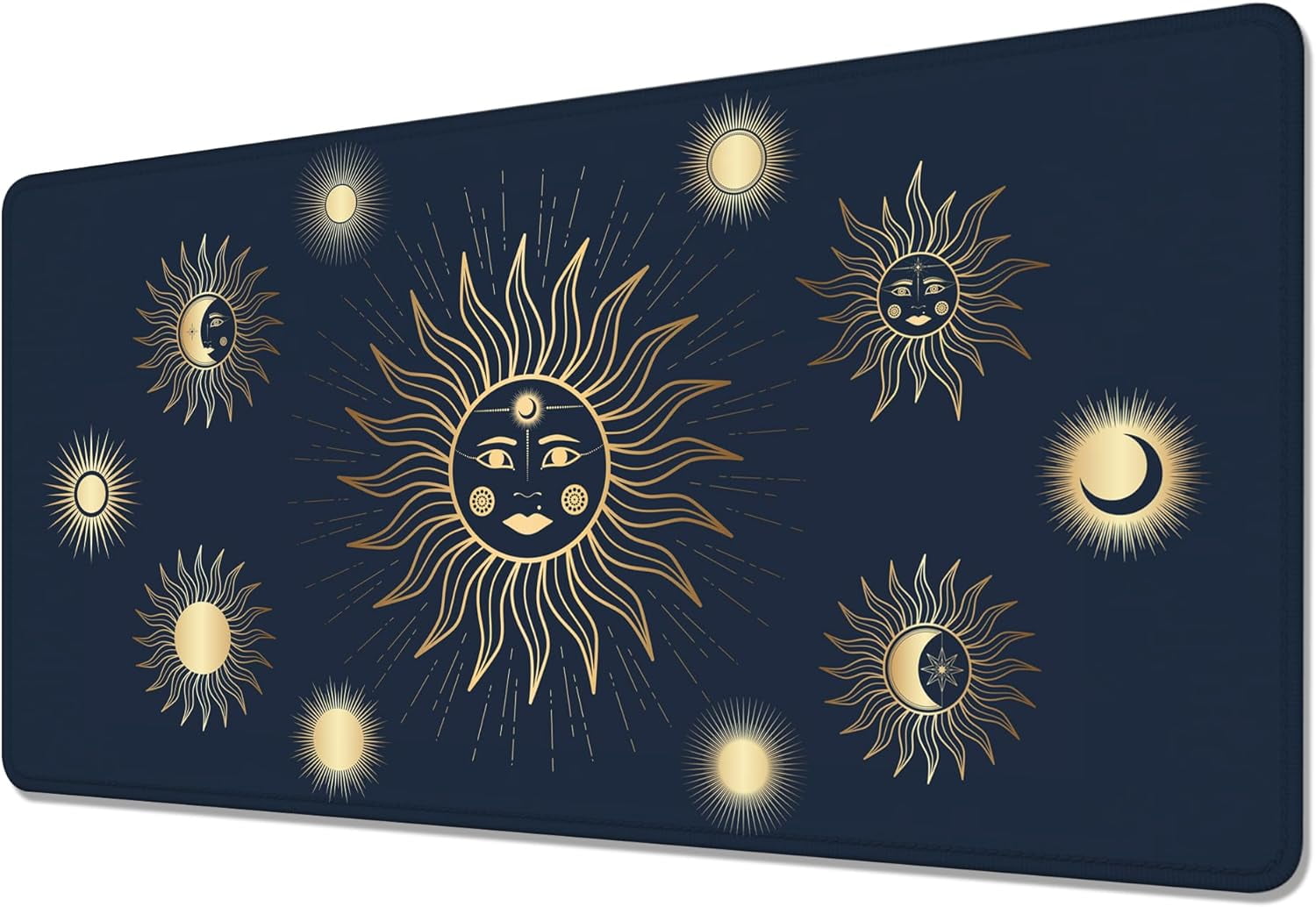 Gold Sun Star Moon Desk Mat,Large Gaming Mouse Pad,Non-Slip Rubber Base Mousepad with Stitched Edges,Waterproof Mouse Mat Desk Pad for Work, Game, Office (31.5x15.7 in)