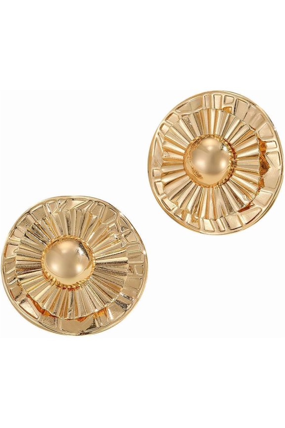 Gold Sunburst Earrings 3D Textured Round Disc Stud Earrings Bold Metallic Sunray Design Shiny Gold-Plated Chunky Jewelry for Women[g386]