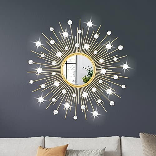 Gold Sunburst Mirror for Wall Decor Metal Sun Wall Mirror Decorative with Crystal Diamond for Living Room Bedroom Entryway Large Circle Mid Century Modern Starburst Wall Hanging 24 Inch