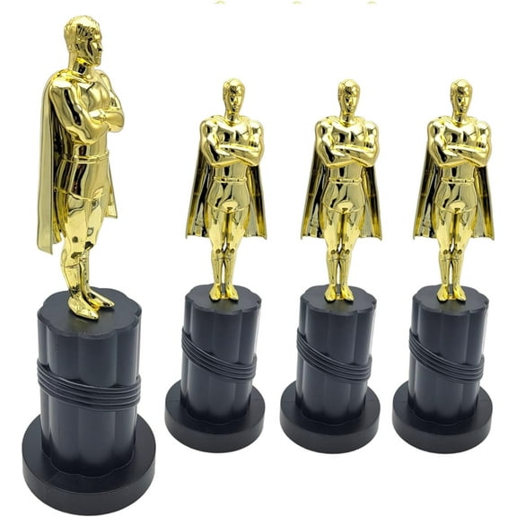 Gold Superhero Trophy Statues on Large Black Podium (9.25") Movie Award Super Hero Costume Cape Awards for Kids and Adults