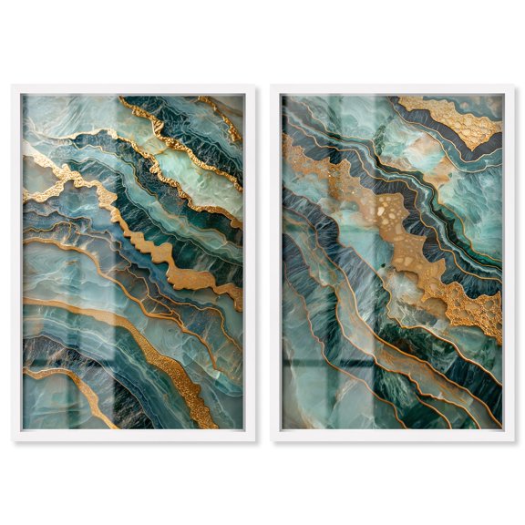 Gold Surge Shadowbox Print Geode Wall Decor Set by Art Remedy, White Frame, 10 x 15