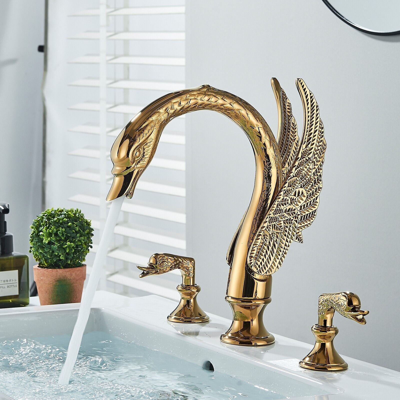Gold Swan Bathroom Sink Faucet 3 Holes Dual Handle Basin Mixer Taps Deck Mounted