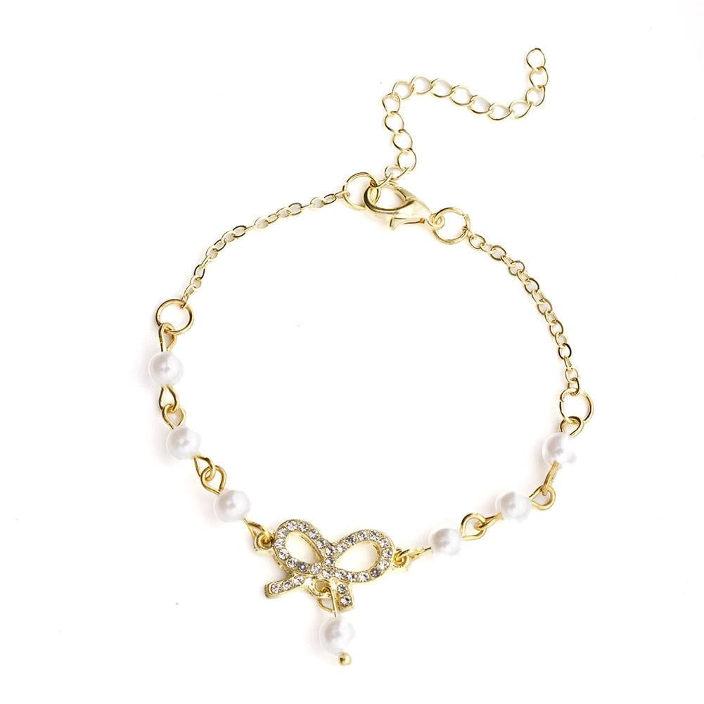 Gold Sweet Crystal Bow Charm Pearl Beaded Bracelet For Girls Jewelry Gift