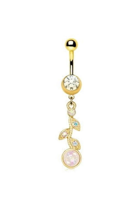 Gold Synthetic Opal Flower Vine Dangle Navel Ring