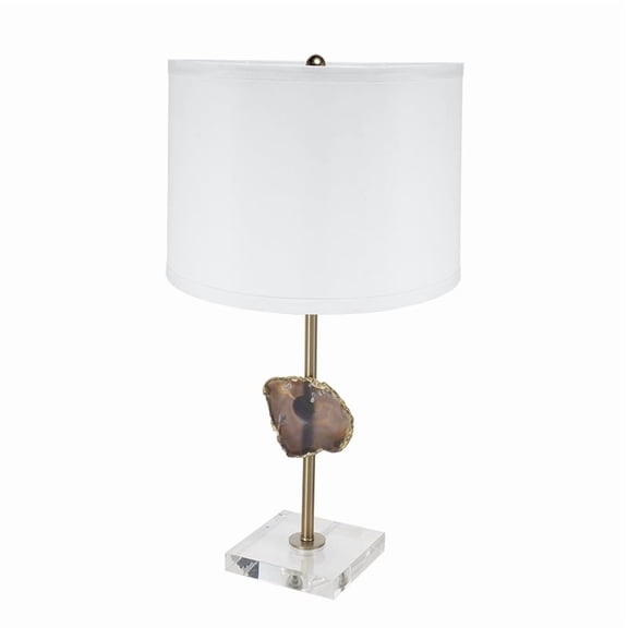 Gold Table Lamp with Agate Slice and White Drum Shade, 14x25.2 Inch, Natural Stone Decor