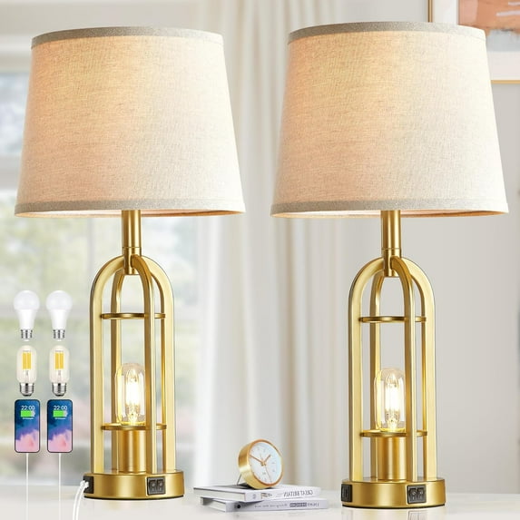 Gold Table Lamps for Living Room Set of 2 - Farmhouse Lamps for Night Stands with USB A+C, Bedside Lamps for Bedroom, 24'' Retro Lamps for Living Room End Tables