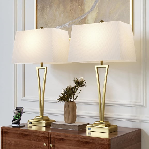 Gold Table Lamps Set of 2 for Living Room, 30.5" Tall Large Metal Bedside Lamps with USB A+C Ports, Modern Bedroom Lamps with White Rectangular Shade for Nightstand End Table(not included bulbs)