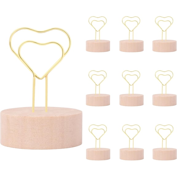 Gold Table Number Holders & Place Card Holders with Heart-shaped Metal Wire and Wooden Base - 10 PCS Picture Photo Sign Stands for Table, Centerpieces, Wedding, Party, Birthday Decor, Gold