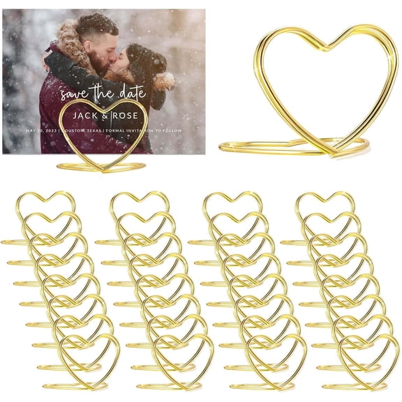 Gold Table Number Place Card Holders 32 PCS, Small Heart Shape Card Stand Business Card Card Holders for Wedding Mini Photo Playing Cards Holder Picture Photo Menu Memo Christmas Card Clips