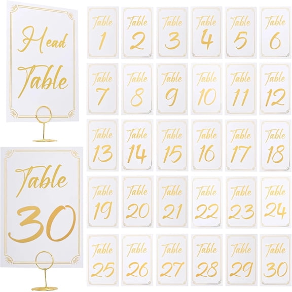 Gold Table Numbers 1-30 with Holder and Head Table Card, 4x6 Double Sided Table Number with Highly Visible Numbers for Wedding Anniversary Birthday Restaurant Anniversary