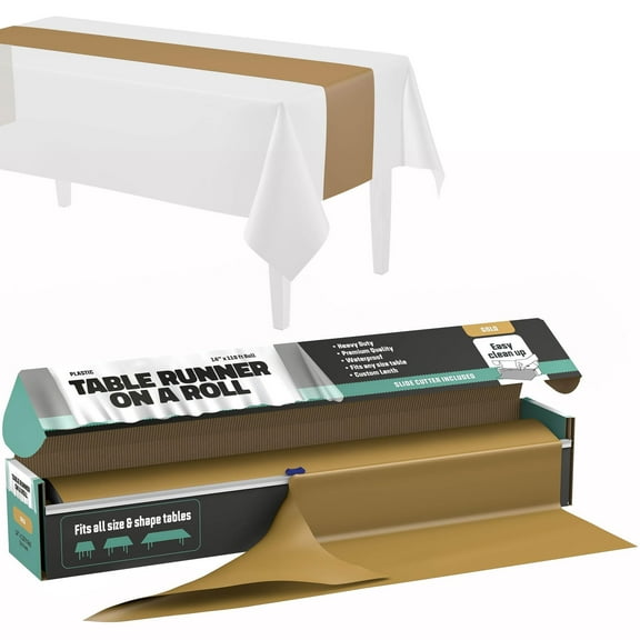 Gold Table Runner 14" X 110' Premium Plastic Longtable Runners with Cutter Box - Cut to Size - Decorative Rectangle Table Runners - Smooth Table Cloth - Disposable Table Cloths. Parties, Weddings.