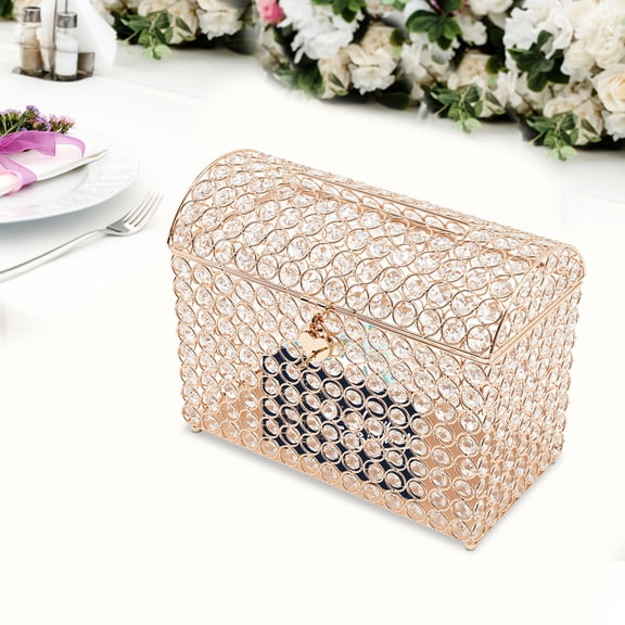 Gold Tabletop Glass Wedding Card Box with Heart Lock, Gift Envelope Memory Box for Wedding Engagement Party Anniversary