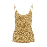 Gold Tank Top Women Loose Fit, Sleeveless Womens Undershirts, Women's Sequin Tops Glitter Camisole Vest Adjustable Straps Daily Halter Tank Blouse Tshirts for Night Club Party Performance