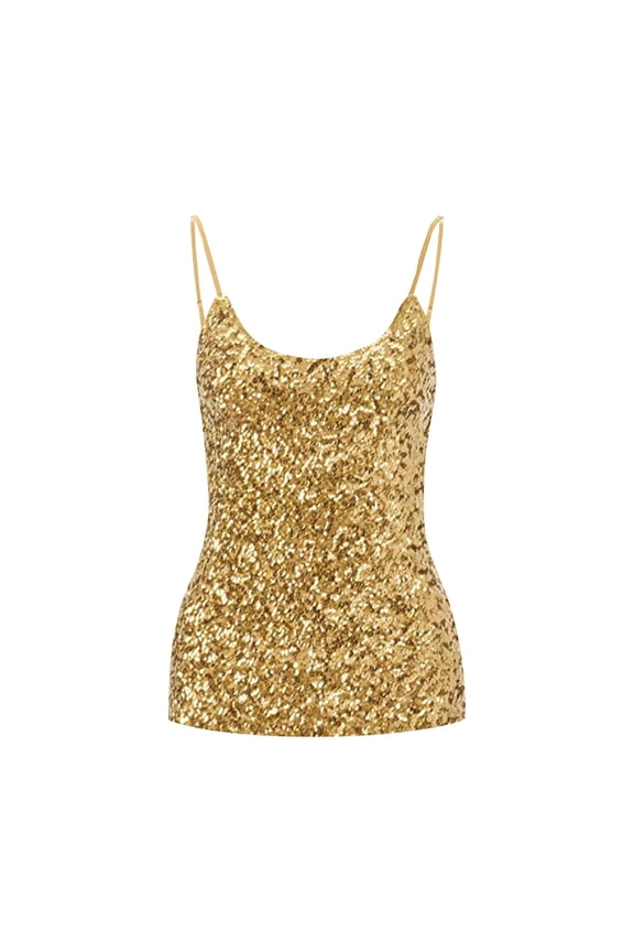 Gold Tank Top Women Loose Fit, Sleeveless Womens Undershirts, Women's Sequin Tops Glitter Camisole Vest Adjustable Straps Daily Halter Tank Blouse Tshirts for Night Club Party Performance