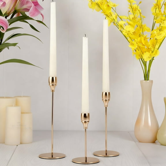 Gold Taper Candle Holder Set of 3, Brass Gold Tall Candlestick Holders, Metal Vintage Candle Stickers Long Holder Set, Pillar Decorative Candle Holder 7.5/9.5/11.5in