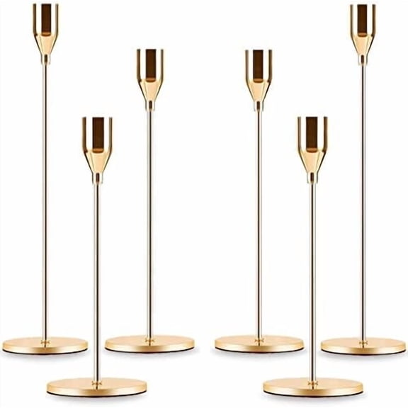 Gold Taper Candle Holder Set of 6, Brass Gold Tall Candlestick Holders, Metal Vintage Candle Stickers Long Holder Set, Pillar Decorative Candle Holder Fits 3/4 Inch Candle