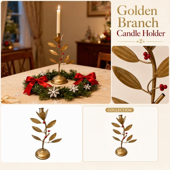 Gold Taper Candle Holder Vintage Branch 14 Inch Brass Metal Candlestick Decor Dining Table Centerpiece for Home Kitchen 1 Pack